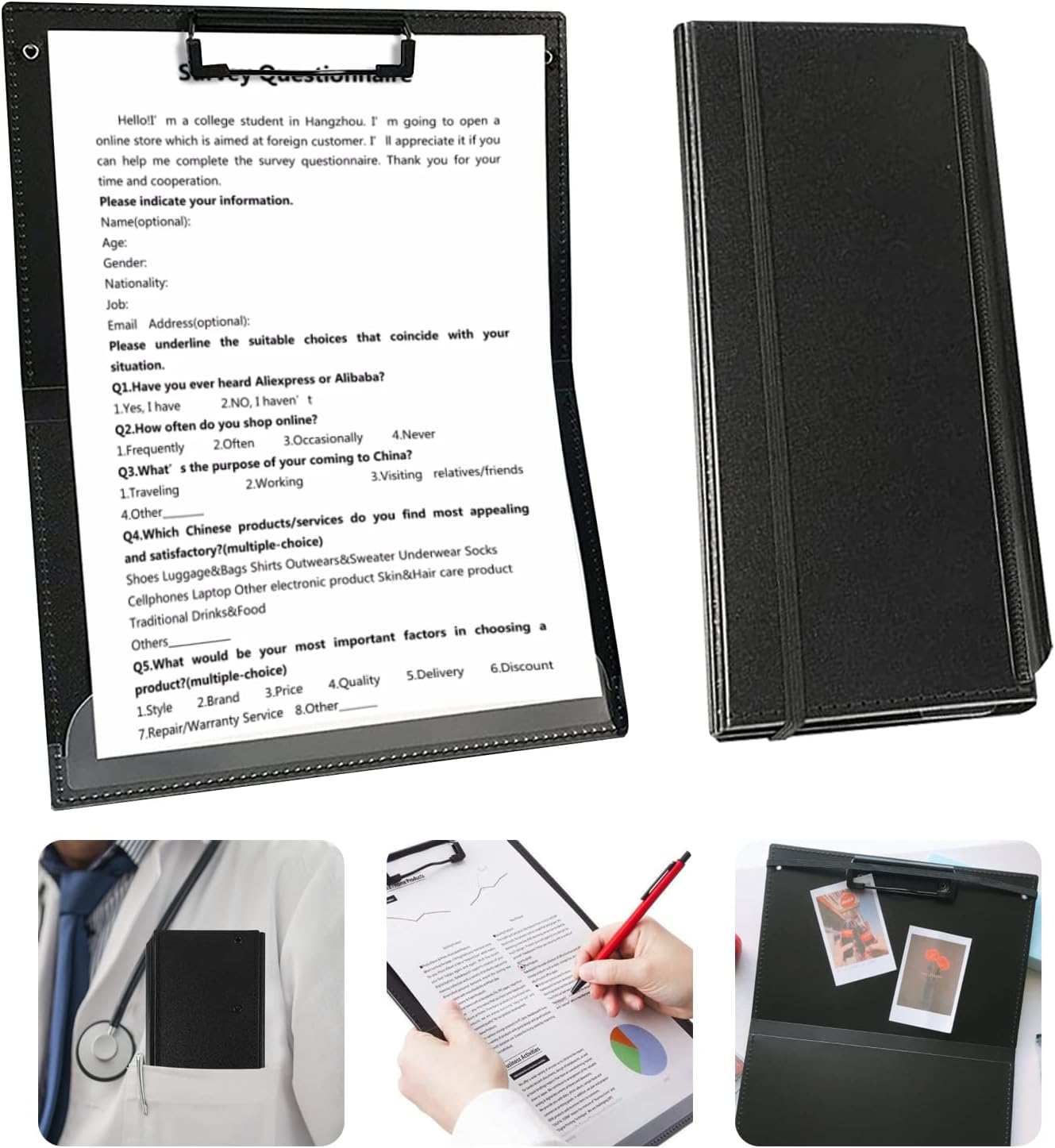 Black Nursing Clipboard Foldable, 3 Layers Folding Clipboard for Nurses