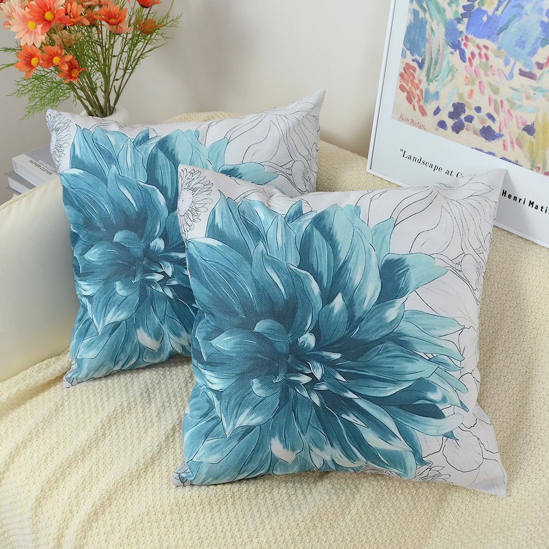 QUALKNOY Set of 2 Cushion Covers 18"x18" Teal Flowers Double-sided Pattern Modern Decorative Throw Pillow cases 45 x 45cm for Living Room Sofa Outdoor Garden Floral Pillowcases - Image 2