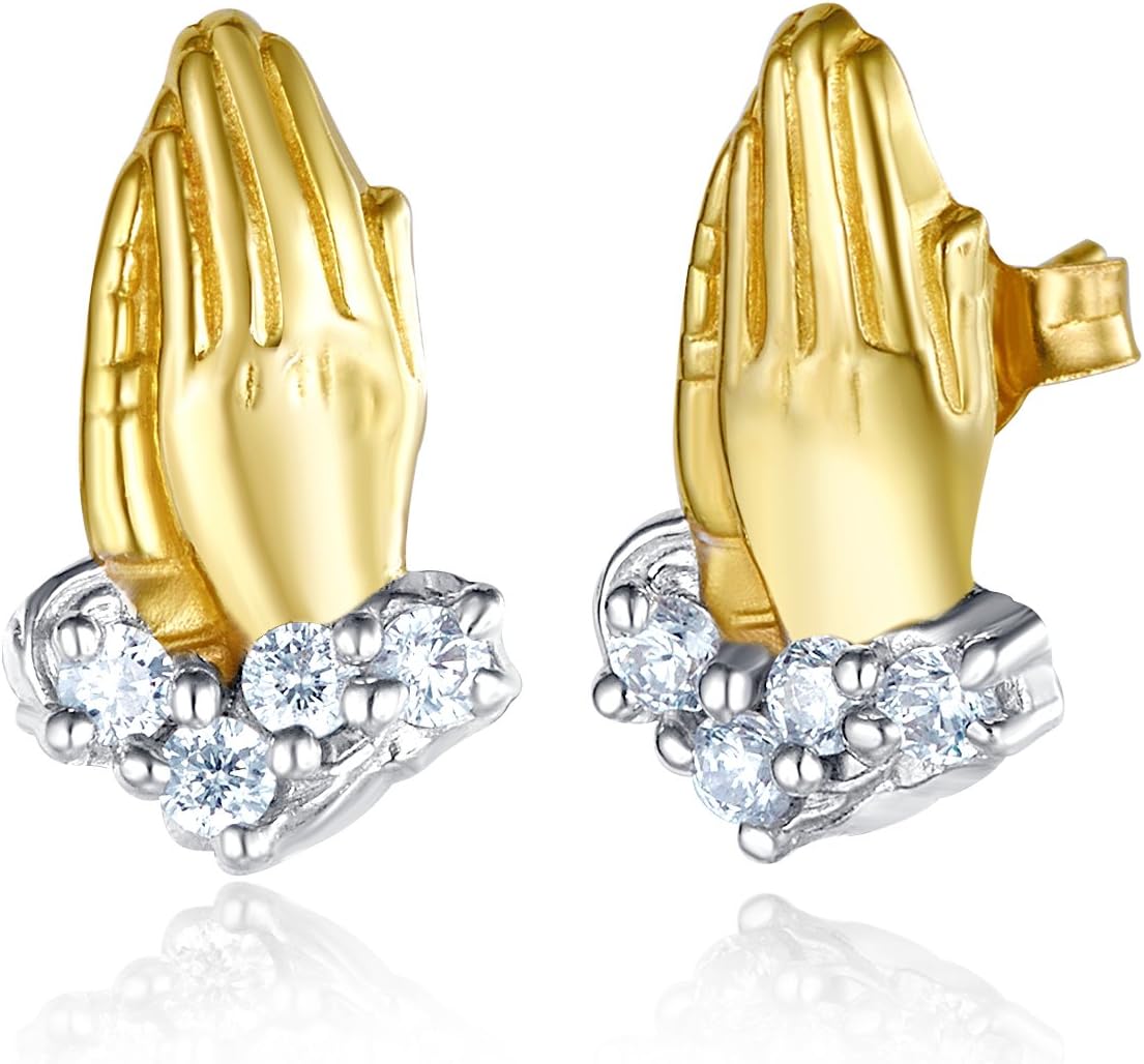 14k REAL Yellow Gold CZ Praying Hands Earrings
