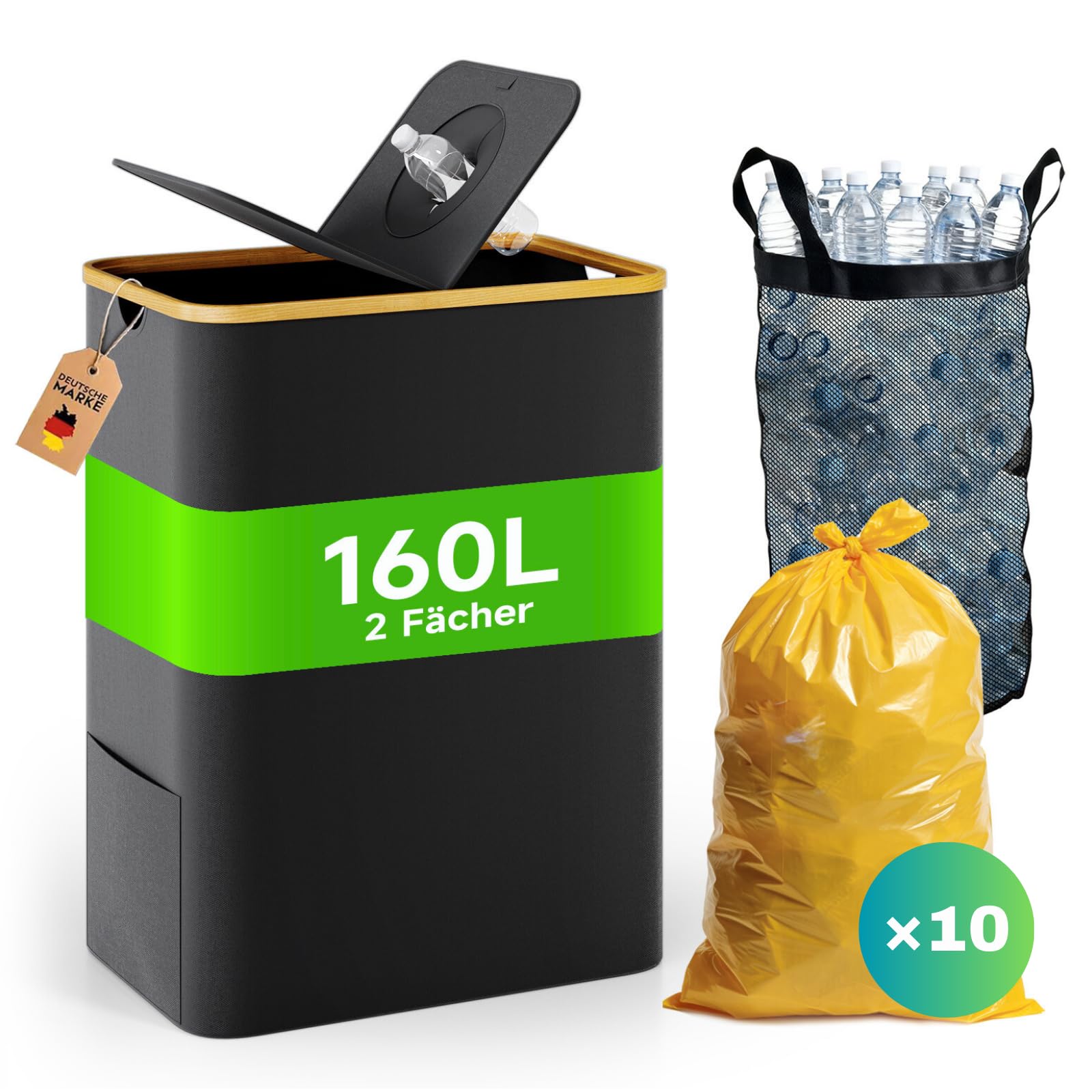 RMAN® 160L Gelber Sack Ständer Mülleimer 2 Fächer Wasserdicht Faltbar 2-in-1 Groß Müllsackständer mit 10 Gelber Müllsäcke Schwarz