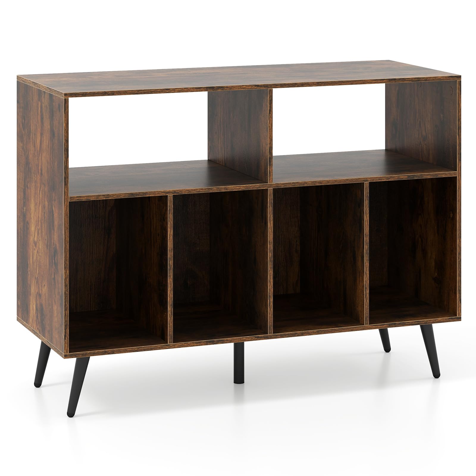 GIANTEX Supporto per dischi in vinile, grande piano di lavoro, 6 scomparti, armadietto per dischi in vinile, anti-ribaltamento, per soggiorno, camera da letto (marrone, senza stazione di ricarica)