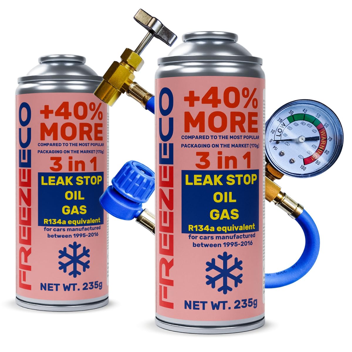 Kit 2 x 3en1 Tapa Fugas Aceite Gas 235g Tipo A + Manguera con manómetro 15/30cm FE Tipo A [R134a / Equivalente R12 - Coches 1995-2016] Tipo A (11,5mm) 470g