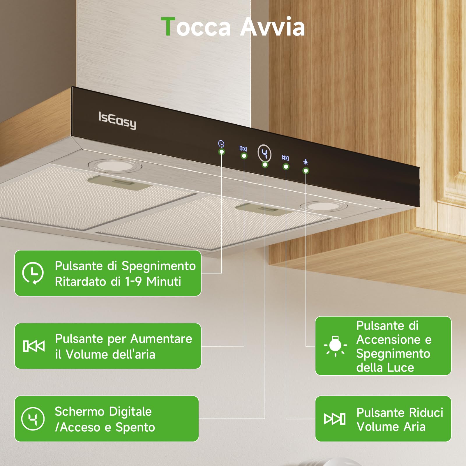IsEasy Cappa Aspirante Inclinata 60 cm, Cappa Cucina con 590m³/h Forte Potenza di Aspirazione, 4 Livelli di Regolazione, 1-9 Minuti di Ritardo di Arresto, 67 dB, Argento, Class A++