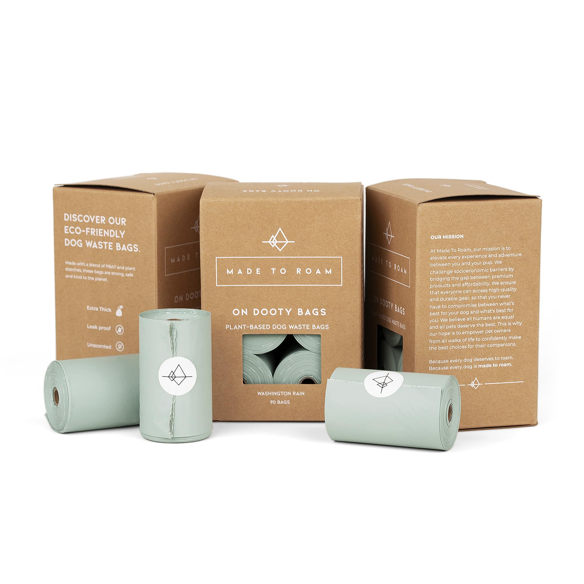 MADE TO ROAM On Dooty Bags - Plant Based Dog Poop Bag Rolls, Extra Thick, Leak Proof, Unscented Dog Waste Bags (Set of 3 Boxes, 270 Bags Total) -