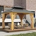 GarveeLife 10x12ft Gazebo, Hardtop Double Roof Canopy with Netting and Curtains, Wood Grain Outdoor Gazebo Galvanized Iron Aluminum Frame Garden Tent for Patio, Backyard, Deck, Lawns