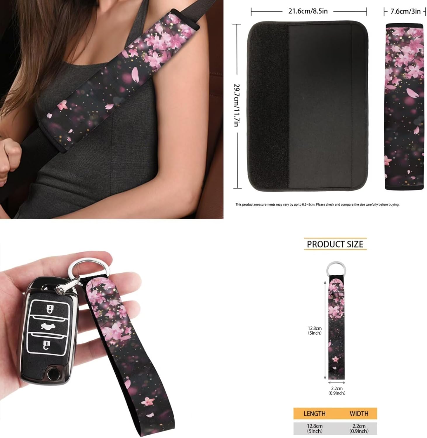 Cherry Blossoms 15 Pack Car Seat Cover Full Set with Car Steering Wheel Cover Auto Seat Belt Pads Cup Coaster Trash Can Rear View Mirror Cover Coasters Keychain