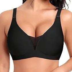 Sutiã feminino sem costura confortável com decote em V sem fio - sutiã push-up sem fio para mulheres, cobertura total, sem costura, Preto, G