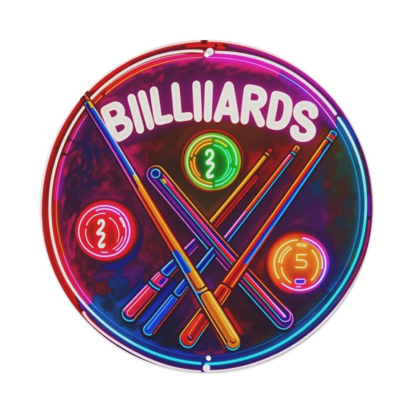 Neon Light Billiard Cue Balls Pool Club Round Metal Sign Vintage Aluminium Metal Sign, Retro Wall Decor for Home, Bar, Garage & Farmhouse 20x20cm