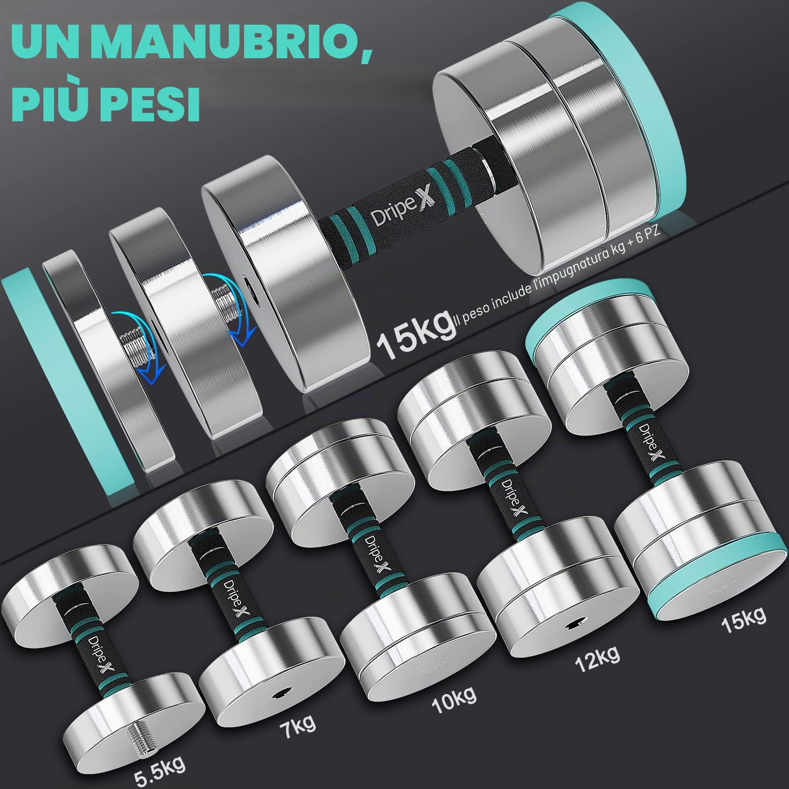 Dripex Coppia di manubri, Set di Manubri, 10kg Coppia, 15 kg Coppia, 20kg Coppia, 30kg coppia Pesi Manubri Palestra Regolabili Acciaio