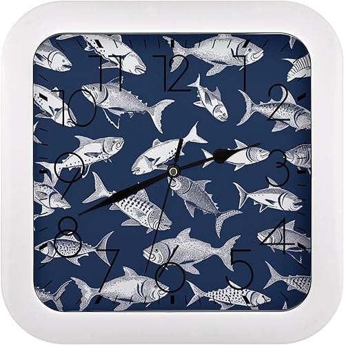 10" Square Modern Wall Clock,Various Sea Fish Pattern Print Kitchen Clocks Wall Battery Operated,Silent Non Ticking Unique Funny Cute Wall Clock for
