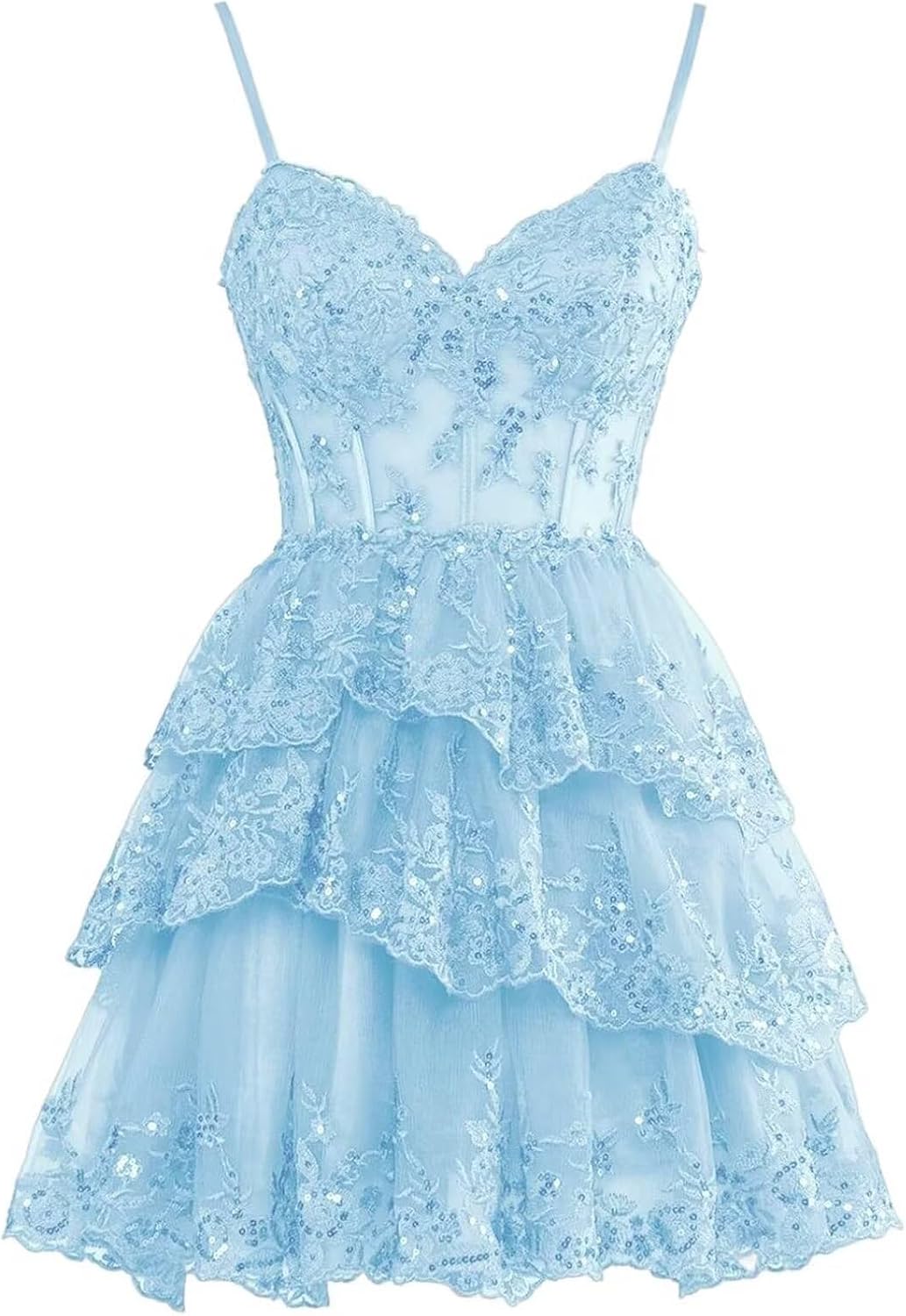 Women's Short Sparkly Tulle Homecoming Dresses Spaghetti Straps Mini Prom Party Dress for Teens Lace Applique Tiered A-line