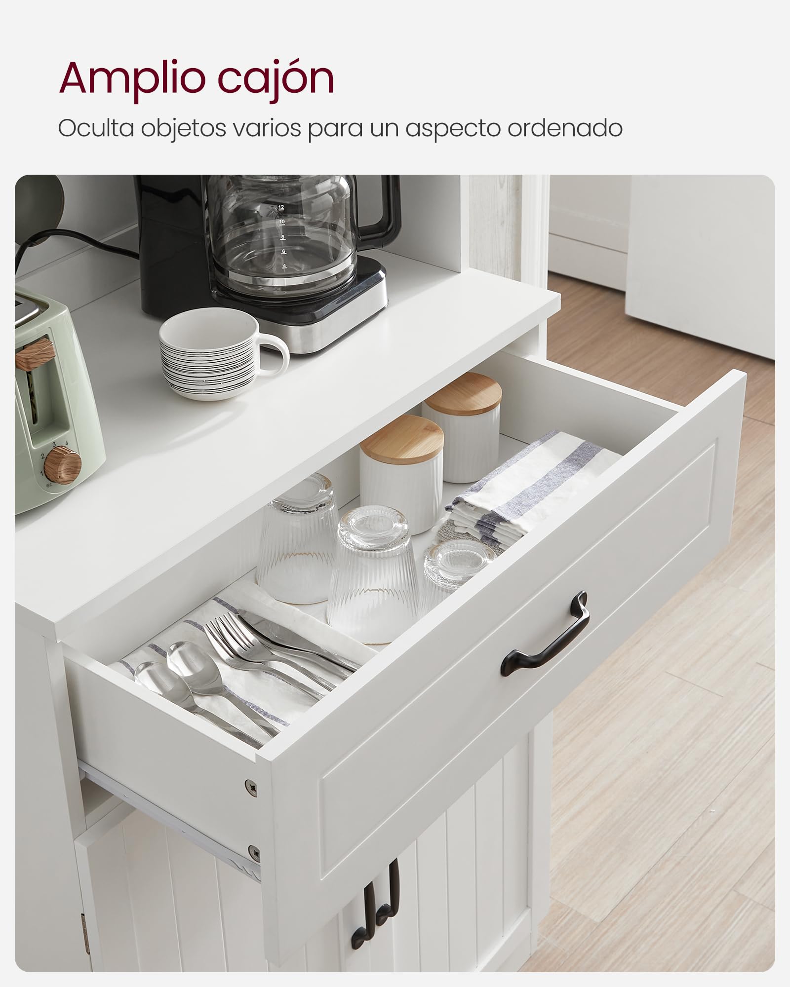 VASAGLE Armario Alto, Armario de Cocina con Puertas de Cristal y Estantes Ajustables, Cajón, Orificio para Cables, para Microondas, Estilo Moderno, Blanco LSC361W21
