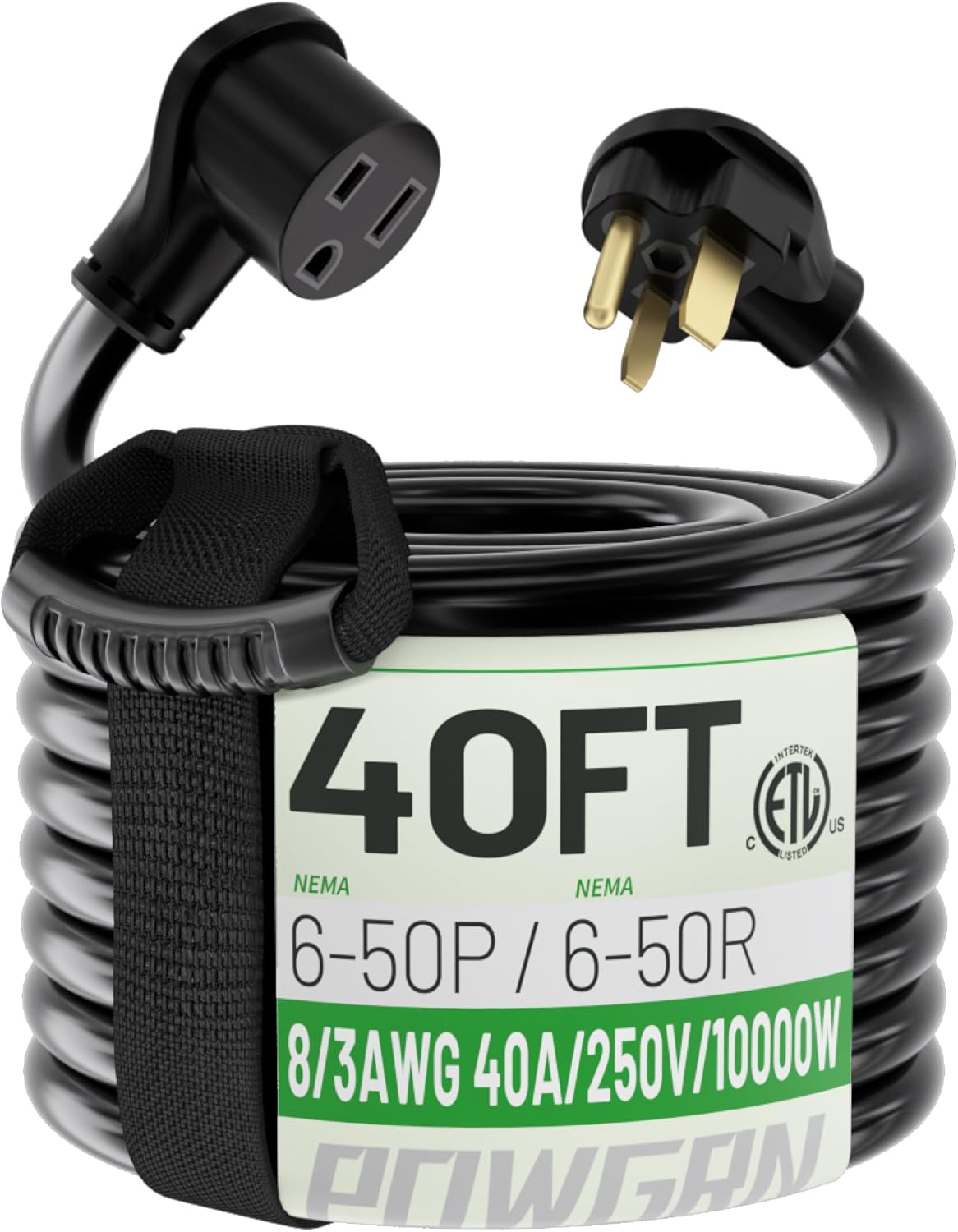 POWGRN 40ft Welder Extension Cord Outdoor 8 Gauge, 250V NEMA 6-50 Heavy Duty Welding Cord 3 Prong, 8AWG STW Black, ETL