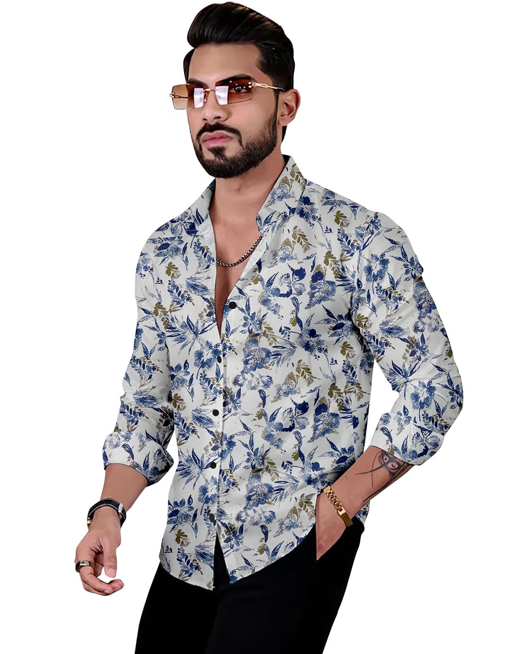 Janasya Men's Floral Print Shirt, White with Blue and Gold Flowers, Long Sleeve, Casual Button Down in white