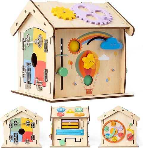 Juguete de madera 13 en 1 para niños con múltiples funciones, panel de techo extraíble, juguetes para niños pequeños de habilidades básicas para la