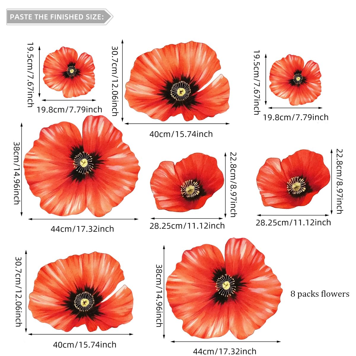 Runtoo Large Flower Wall Art Decals 3D Boho Fabric Red Poppy Floral Wall Mural Stickers for Girls Bedroom Living Room Office Wall Backdrop Decor - Image 4