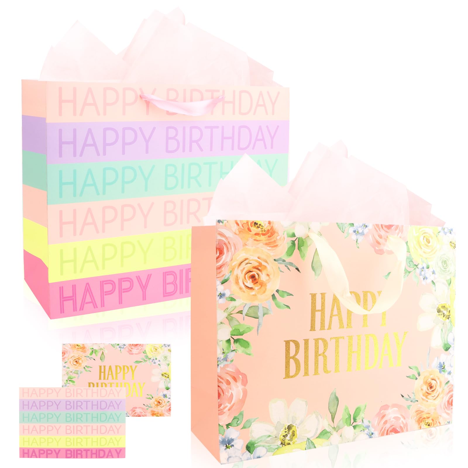 Esitrormi Birthday Present Packaging Kit, 2 Large Bags with Pastel Floral Prints, 6 Tissue Paper, 2 Greeting Cards, Satin Handles, Men Women Birthday Celebration Supplies
