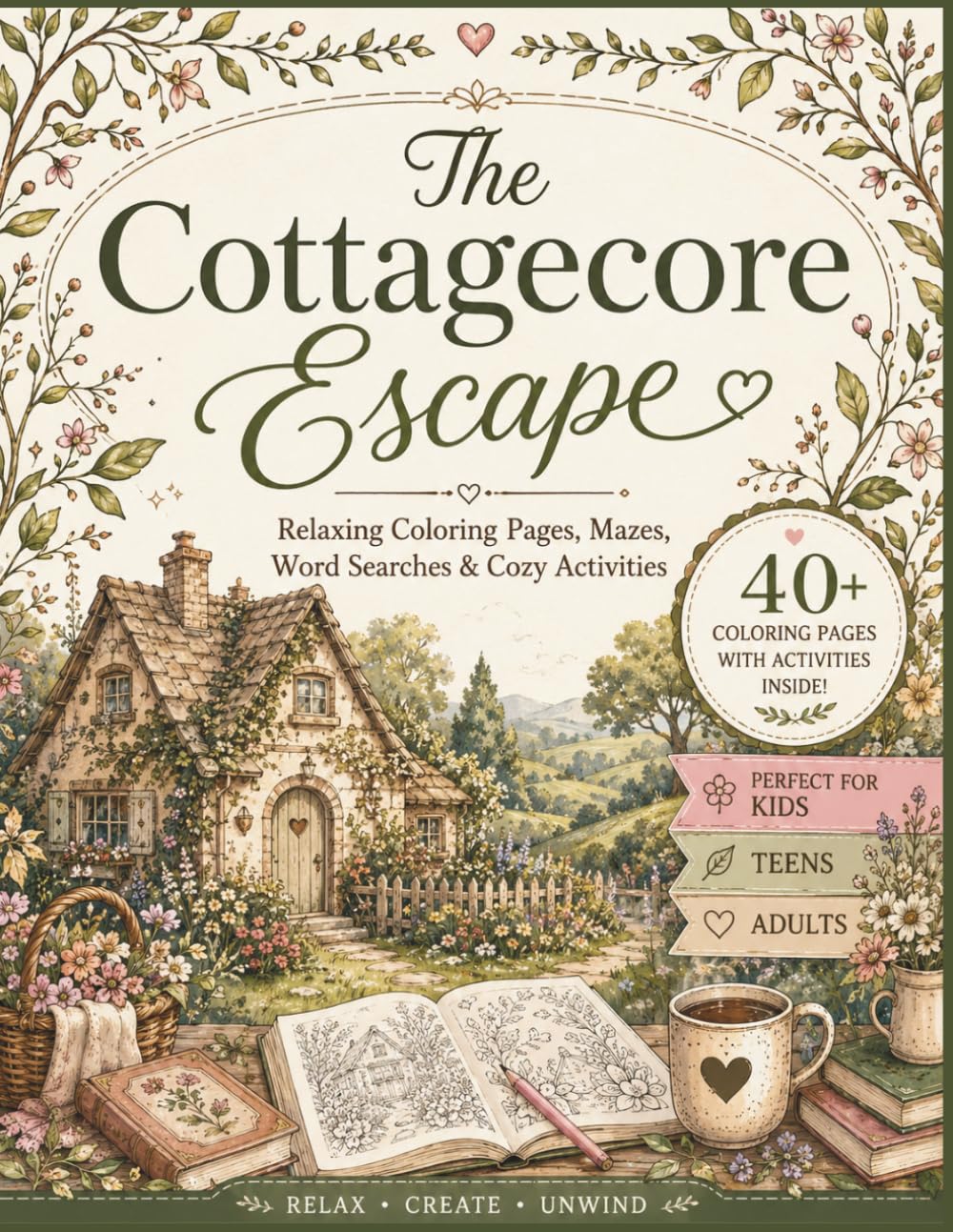 The Cottagecore Escape: Over 40 relaxing coloring pages, mazes, word searches and cozy activities
