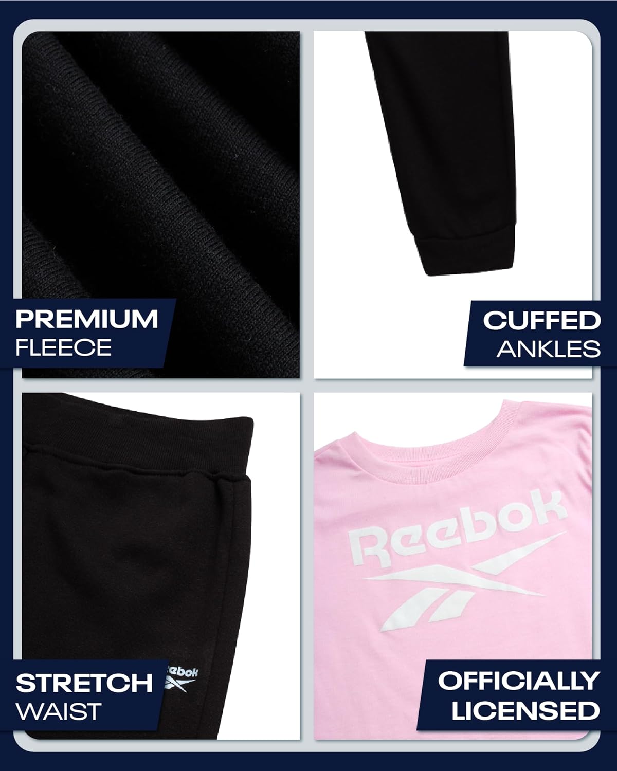 Reebok Girls' Activewear Set - 3 Piece Stylish Graphic T-Shirt Fleece Pullover Hoodie and Jogger Sweatpants Size: 4-12 Size - Image 3