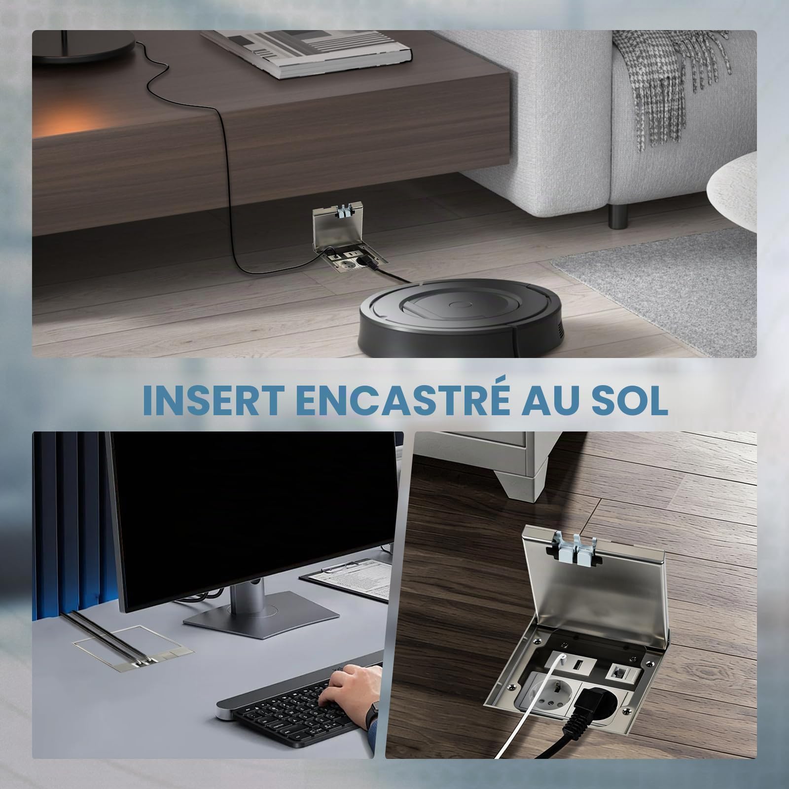 Prise de sol intérieure USB encastrable pour cuisine, encastrable au sol avec 1 connecteur RJ45, prise de sol extérieure pour le sol dans la cuisine, le salon et le bureau