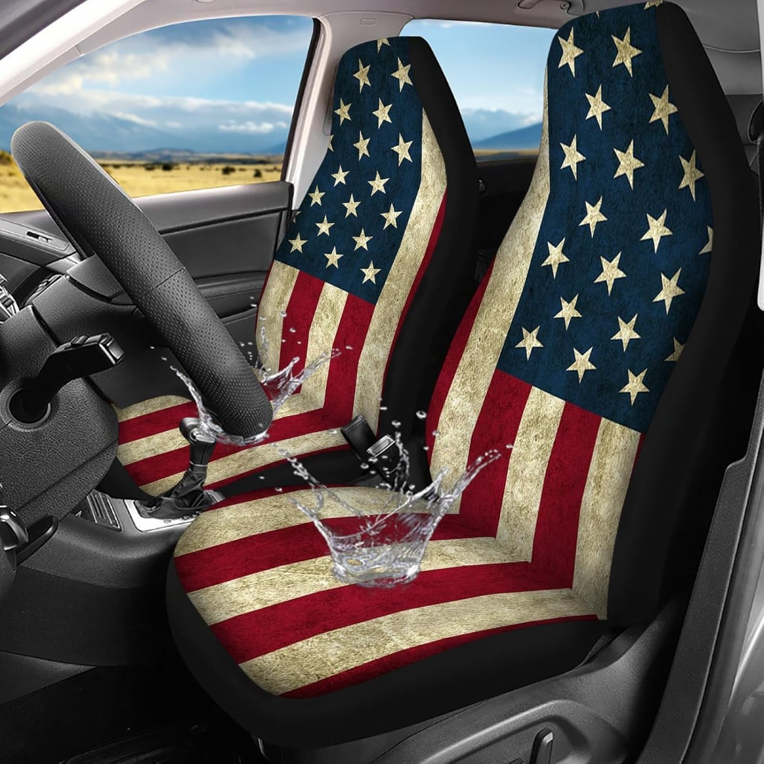 Retro USA Flag Auto Washable, Breathable Seat Cover, Universal Car Front Seats Accessories Interior Decor 2 Pcs Suit All Seasons Use