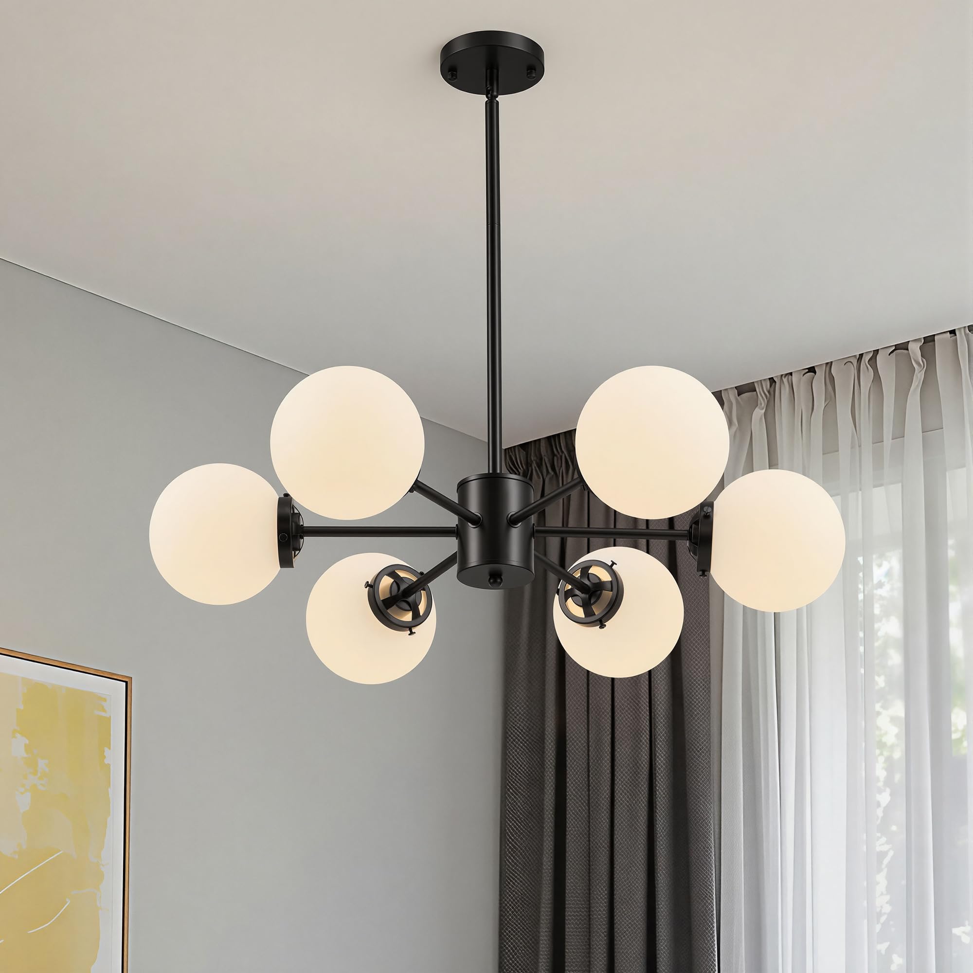 vonluce sputnik ceiling light fixture, 6-light modern sputnik chandelier with frosted glass shades, etl listed globe chandelier for living room bedroom dining room, bubble glass pendant light, black