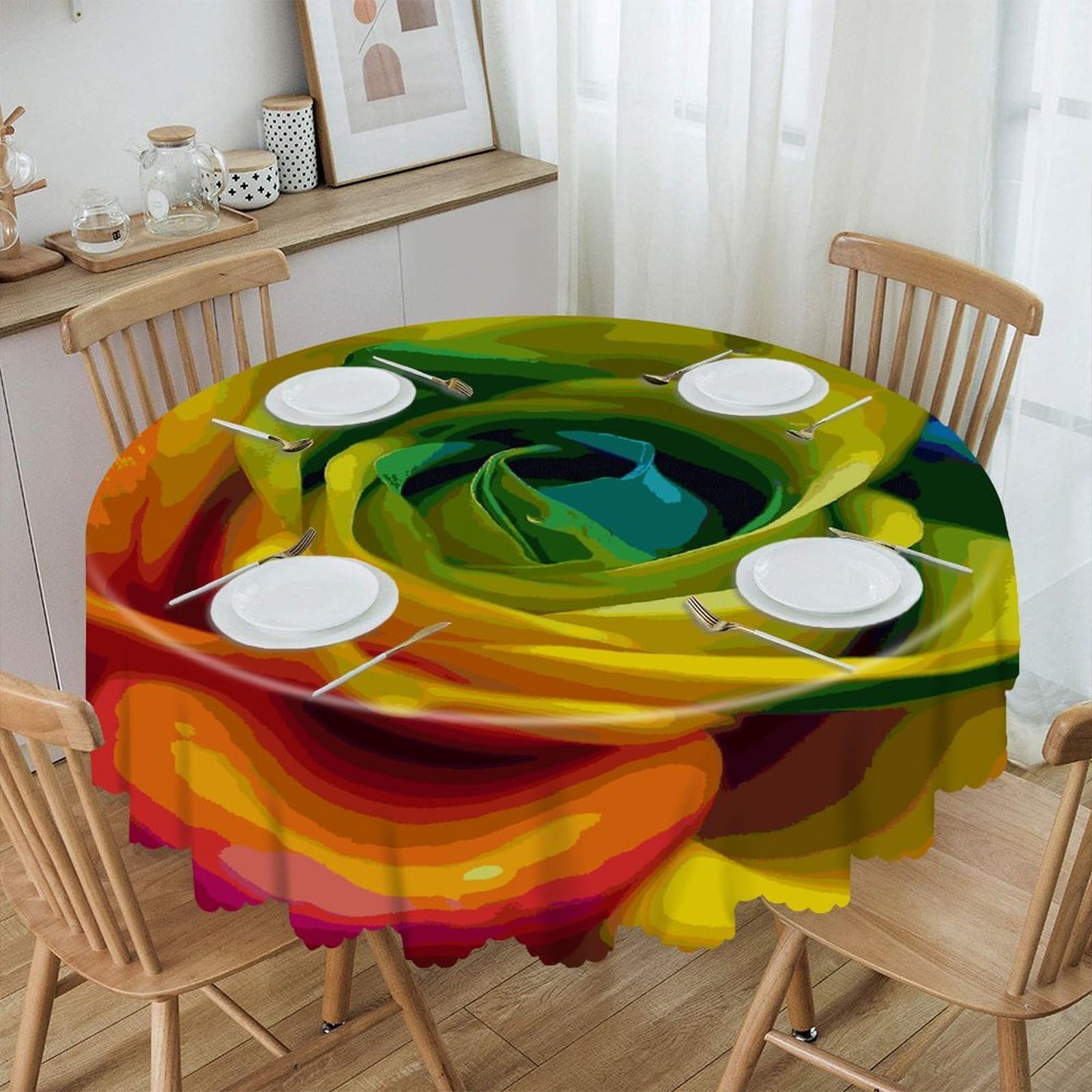 FekiLoot Rainbow Flower Round Tablecloths 60 Inch Resistant Washable Polyester Table Cloth Style Decorative Circle Fabric Table Cover for Dining Kitchen Party Farmhouse Outdoor