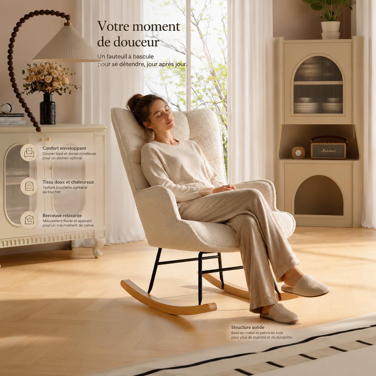 Poltrona Allattamento a Dondolo, Sedia a Dondolo Allattamento con Schienale Alto Ergonomico in Teddy, Poltrona a Dondolo da Interno Imbottita, Poltrona Relax per Soggiorno Camera, Grigio