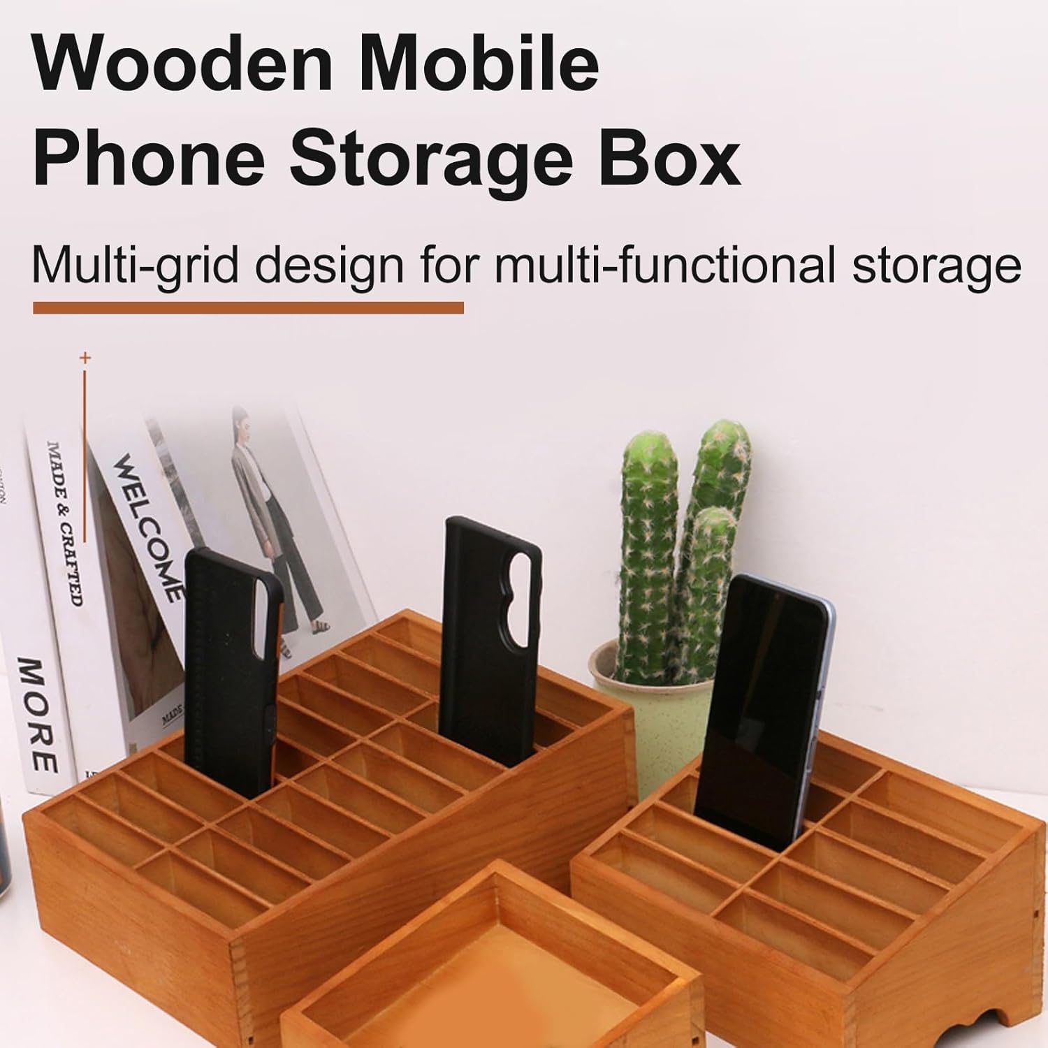 10/20 Mobile Wooden Phone Holder, Office Desk Wood Storage Cabinet Headphone Organizer Classroom Phone Rack(Yellow,Small)