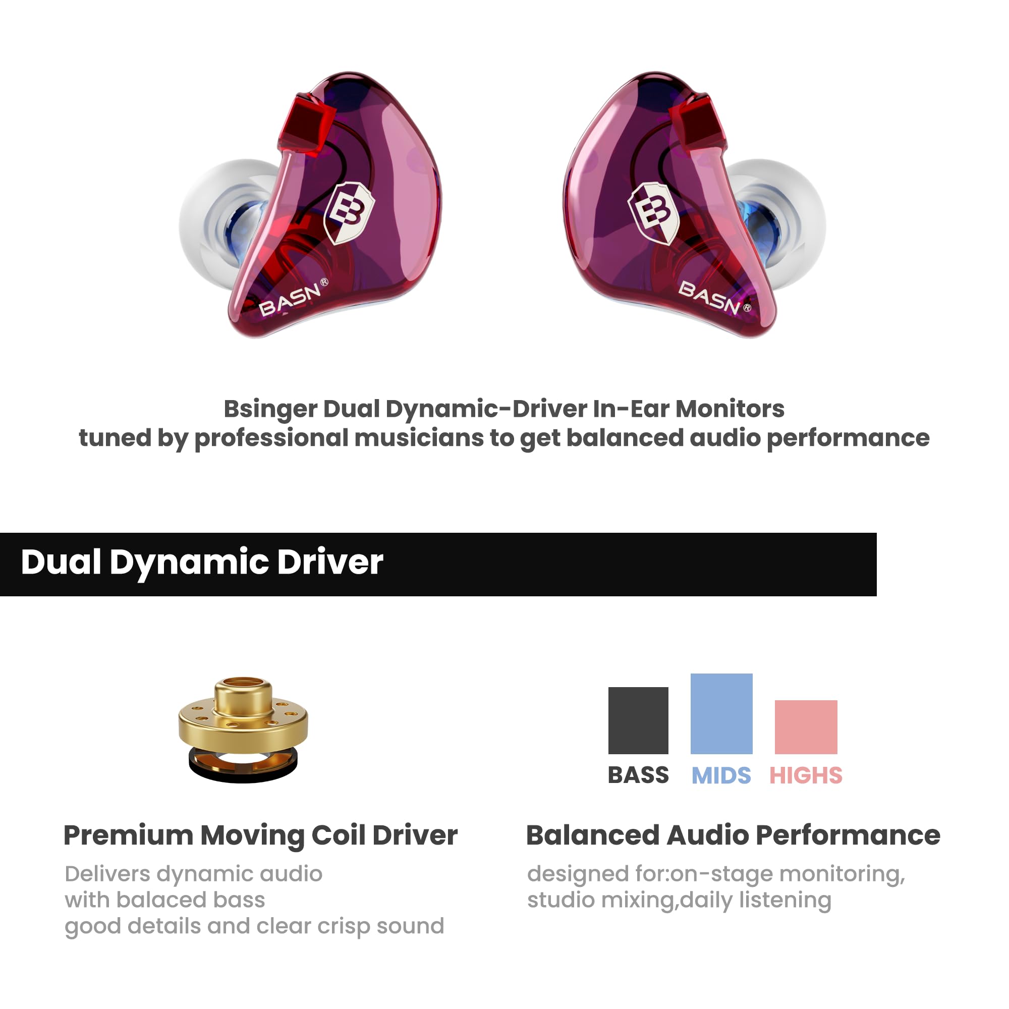 BASN Bsinger In-Ear-Monitore Geräuschisolierende Kopfhörer, Dual-dynamische Treiber High Definition Kabelgebundene Ohrhörer mit abnehmbarem MMCX-Kabel für Musiker Schlagzeuger Sänger (Blau&Lila)