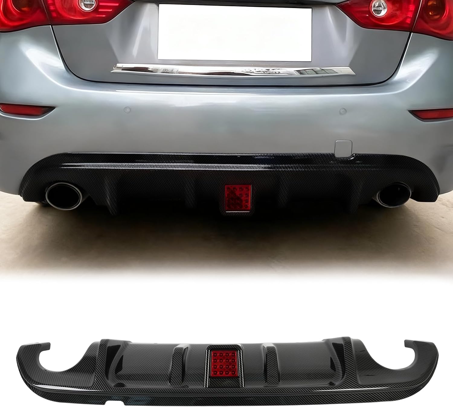 Rear Diffuser for Infiniti Q50 2014 2015 2016 2017 Rear Bumper Lower Lip with Light,Carbon Fiber Look Add-on Body Kit Exterior Accessories