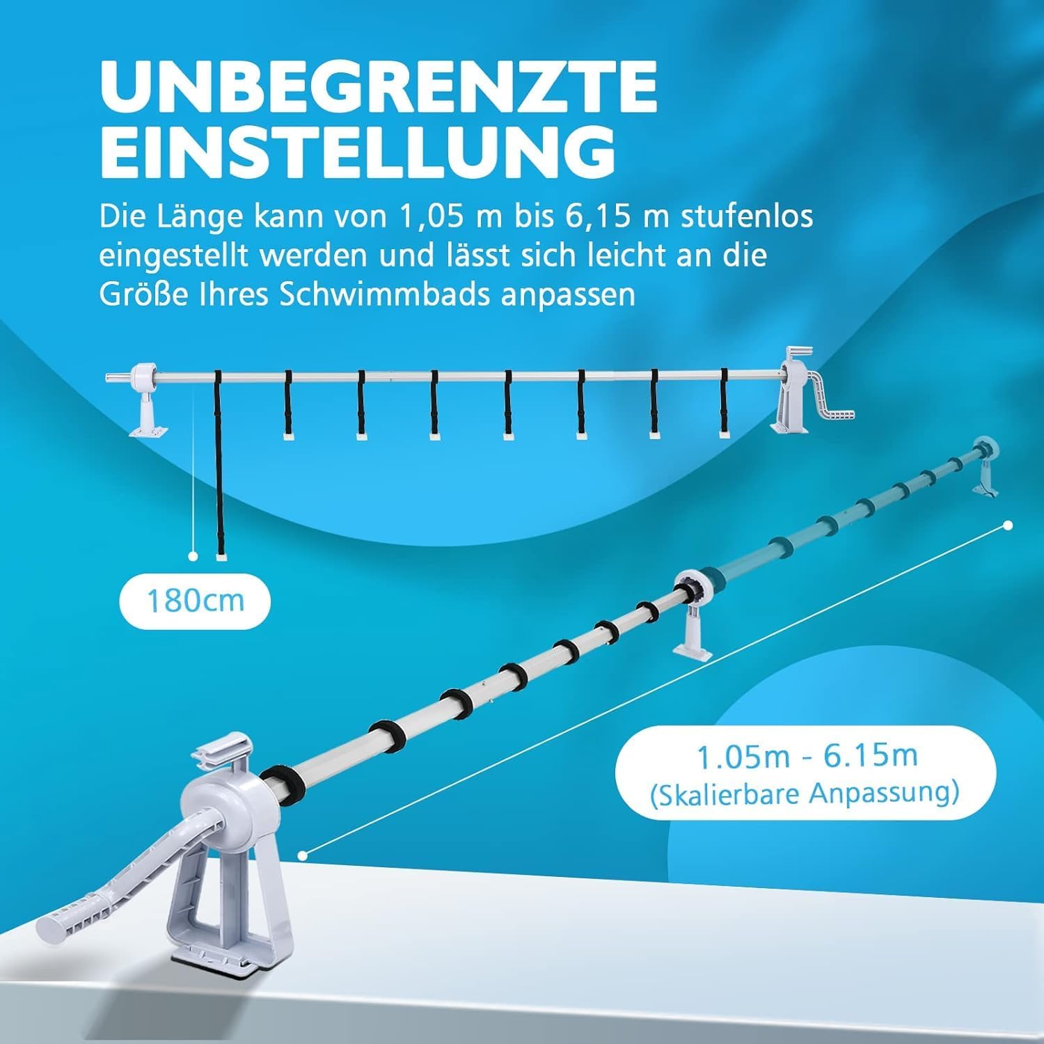 ACXIN Sistema de enrollado móvil para piscina solar – Enrollador de acero inoxidable premium ajustable de 1,05 m a 6,15 m, incluye cintas de fijación y ruedas, fácil de montar sin taladrar