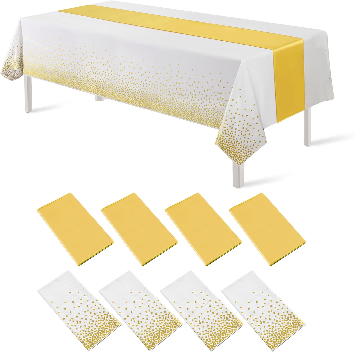 8 Pack Disposable Plastic Tablecloths and Satin Table Runner Set, 54 x 108 Inch Dot