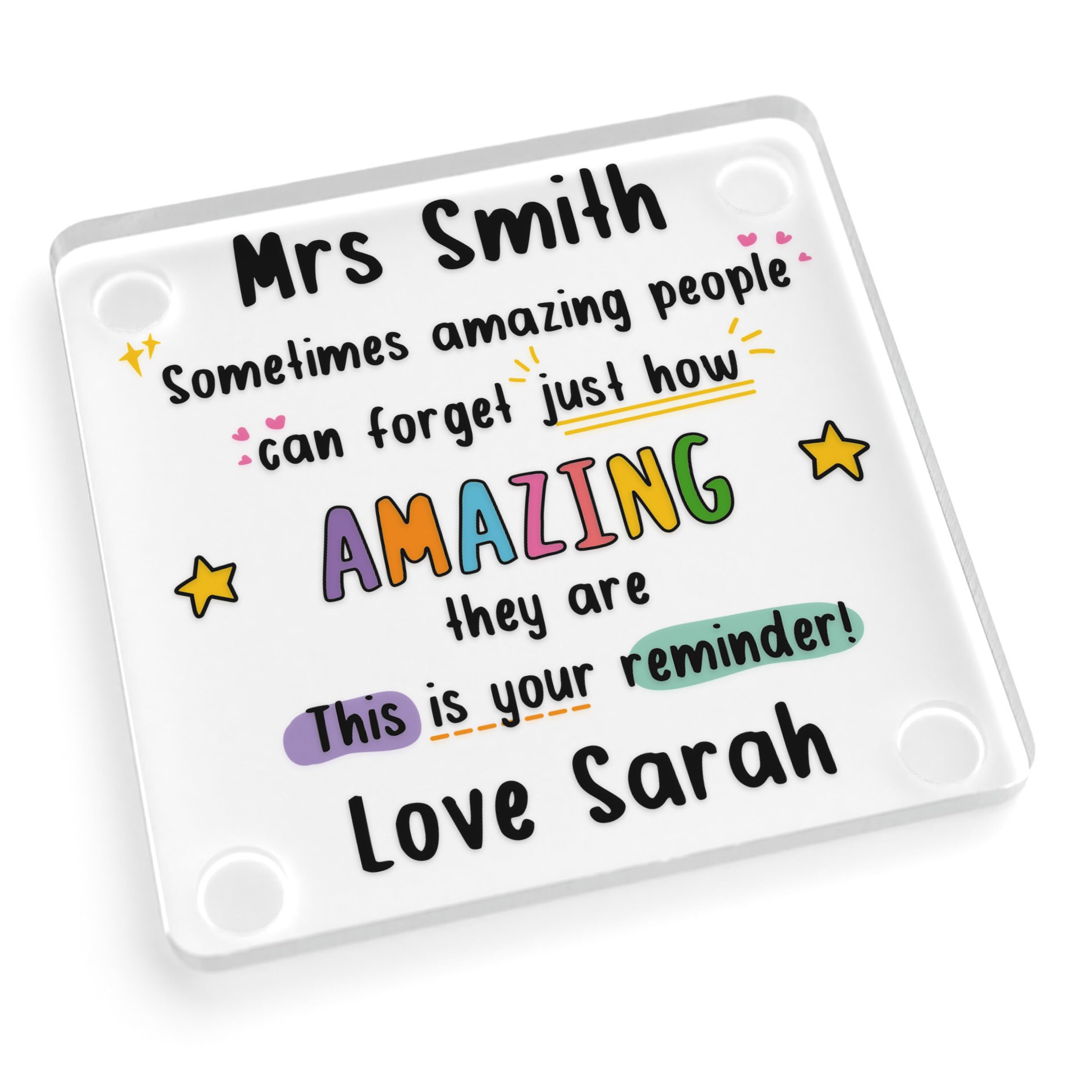 Beecreative Personalised Teacher Coaster Gift - Custom Clear Acrylic Square Coaster - Teacher Leaving Gifts - With Grey Bag
