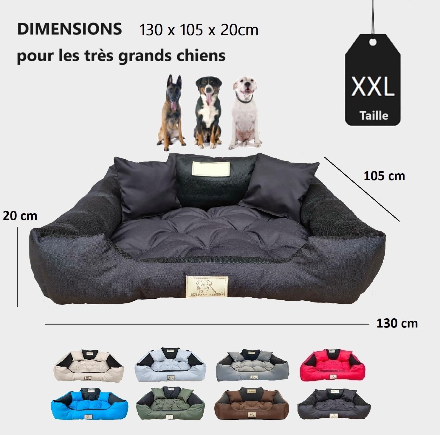 KING DOG Lit pour Très Grands Chiens XXL 130 x 105 cm Coussin Imperméable Lavable Canapé Confortable Moelleux Douillet Antidérapant Couchage pour Chien Intérieur Résistant Fabriqué en UE Noir