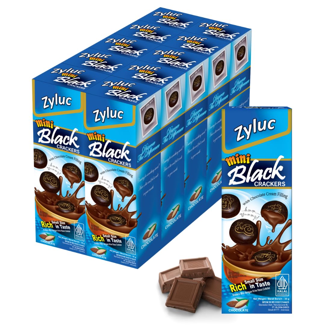 Zyluc Mini Black Crackers – Chocolate Snack with Real Cocoa Powder (4.1%) – Portable 35g Pack – Crisp Texture, Halal Certified, Made with Non-GMO Ingredients – Product of Indonesia – Pack of 20