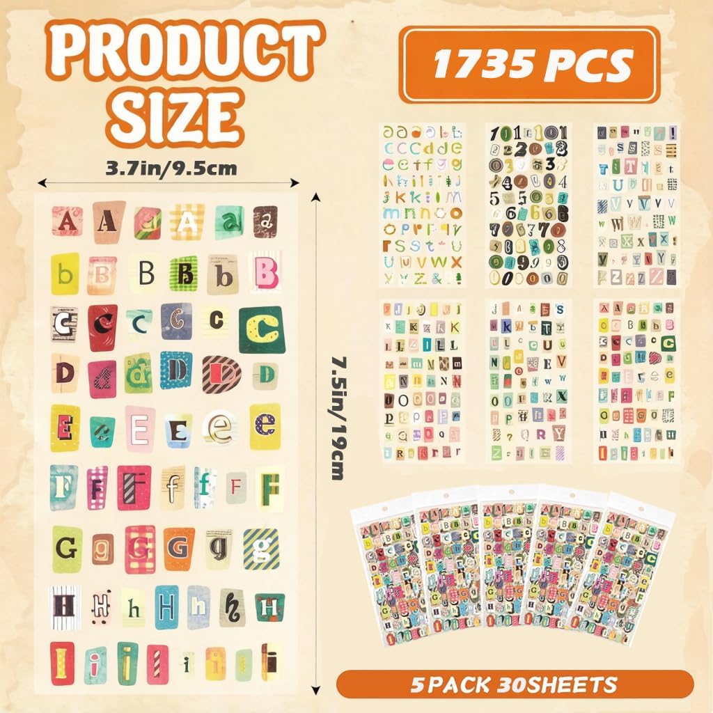 1735PCS Vintage Stickers, 30 Sheet Scrapbook Stickers Graffiti, Cute Vintage Letters Numbers Self Adhesive Decals Scrapbooking Supplies for Diary DIY Art Album Paper Crafts (1735PCS) image 2