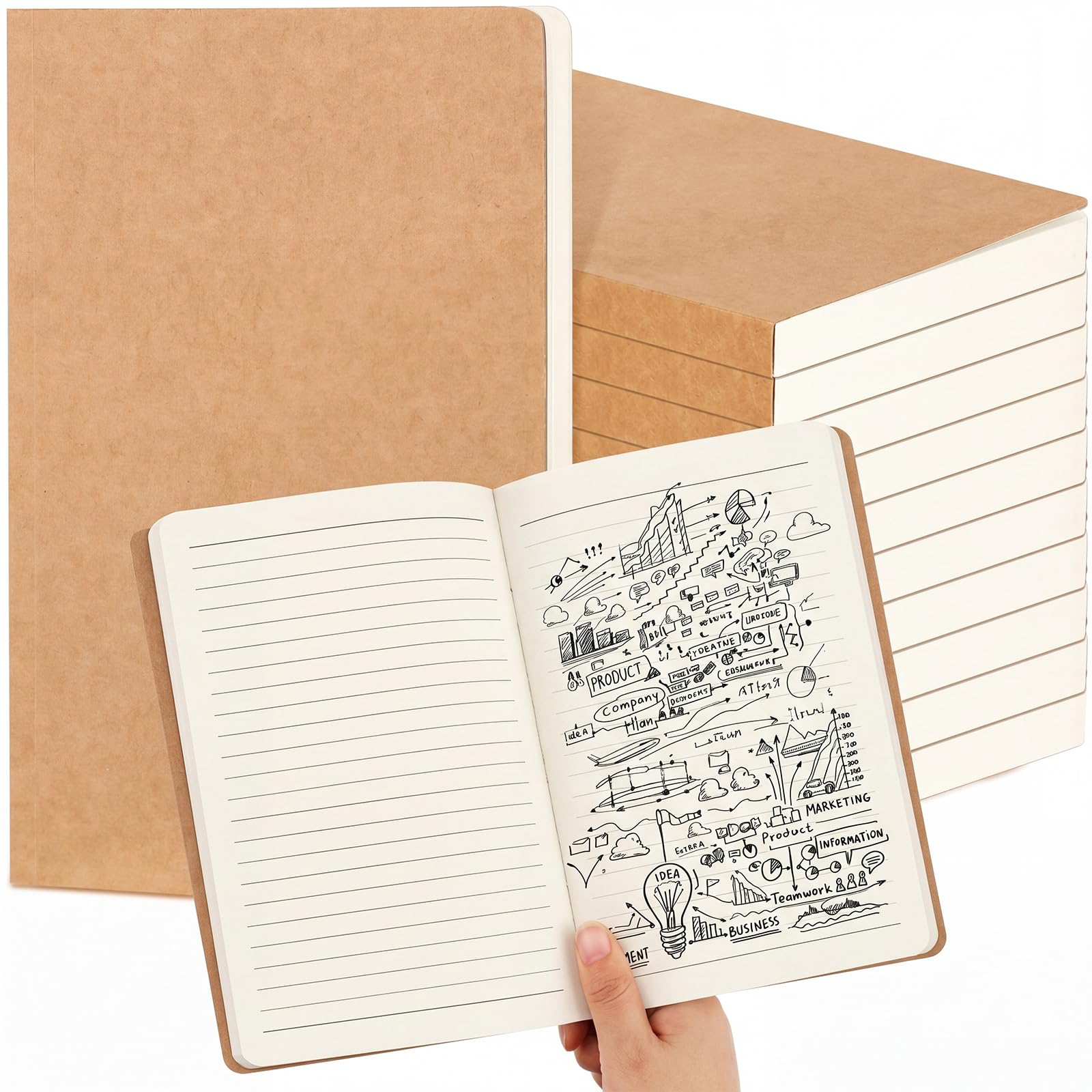 Zhanmai 10 Stück Back to School A5-Papier-Notizbuch-Nachfüllpackungen, nachfüllbare Notizbucheinlagen, Kraftpapier, Reisetagebücher für Büro, Schule, Schreibbedarf, 100 Blatt/200 Seiten (liniert)