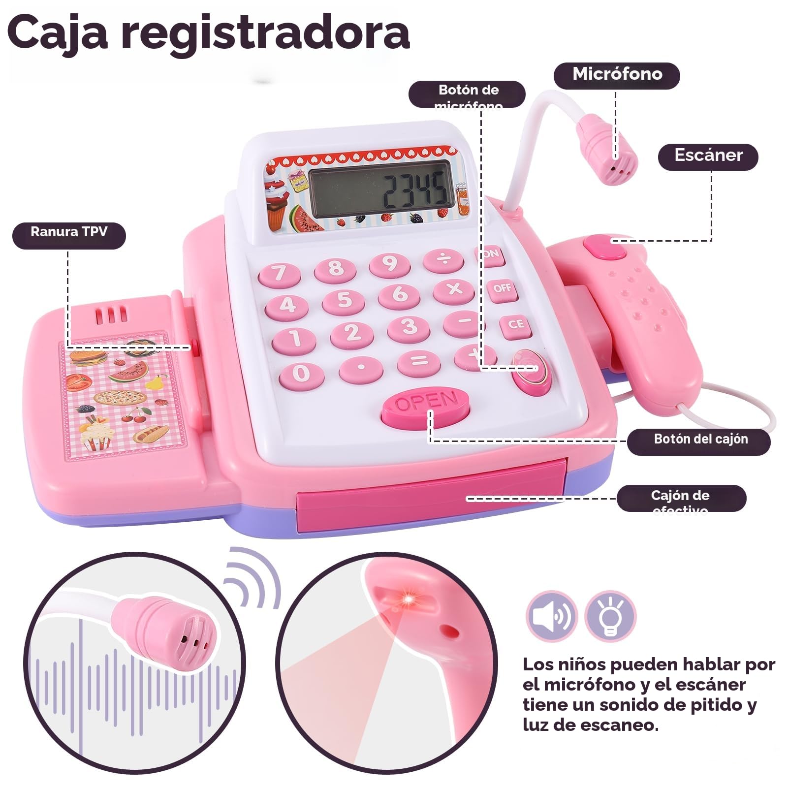 HYAKIDS Caja Registradora Juguetes 3 Años, Máquina Registradora Infantil con Luz y Sonido, Escáner, Supermercado Juguete Tienda Regalo para Niños Niñas Rosa