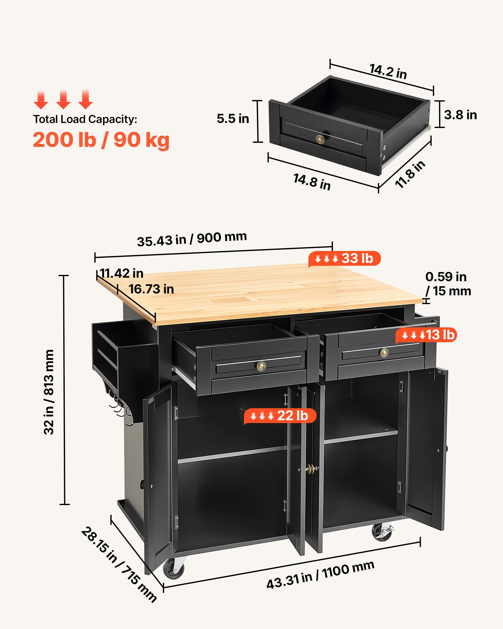 VEVOR Kücheninselwagen, 110 cm mobiler Wagen mit Holzplatte und Lagerschrank, Rolltisch mit Klappplatte, Gewürzregal, Handtuchhalter, verstellbarem Regal, Schublade und Haken, tragbare Inseln Rollbar