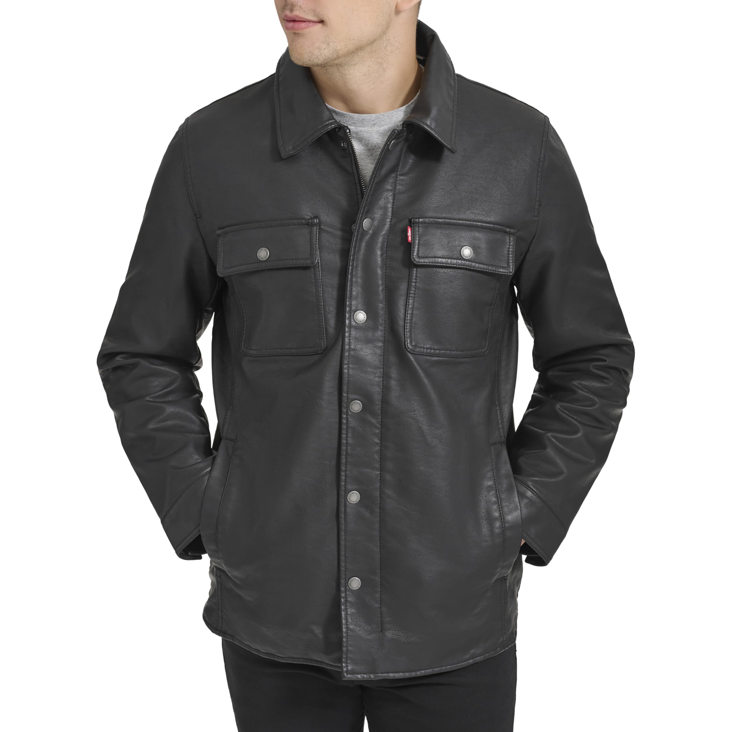 Levi's Men's Buffed Cow Faux Leather Hooded Trucker Jacket, New Black, XXL