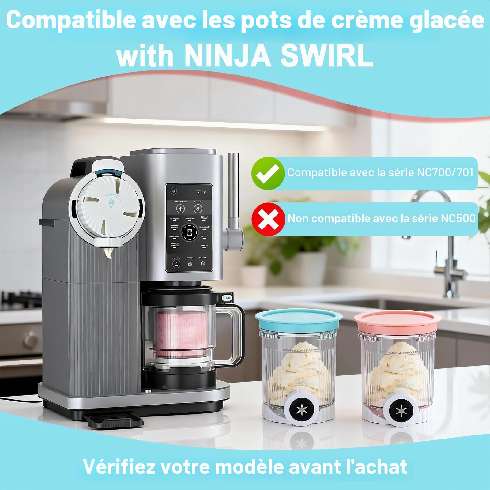Lot de 4 récipients à crème glacée avec couvercles pour Ninja Creami Swirl, 480 ml, accessoires de rechange pour machine à crème glacée Ninja série NC700/NC701 (sans BPA et passe au lave-vaisselle)
