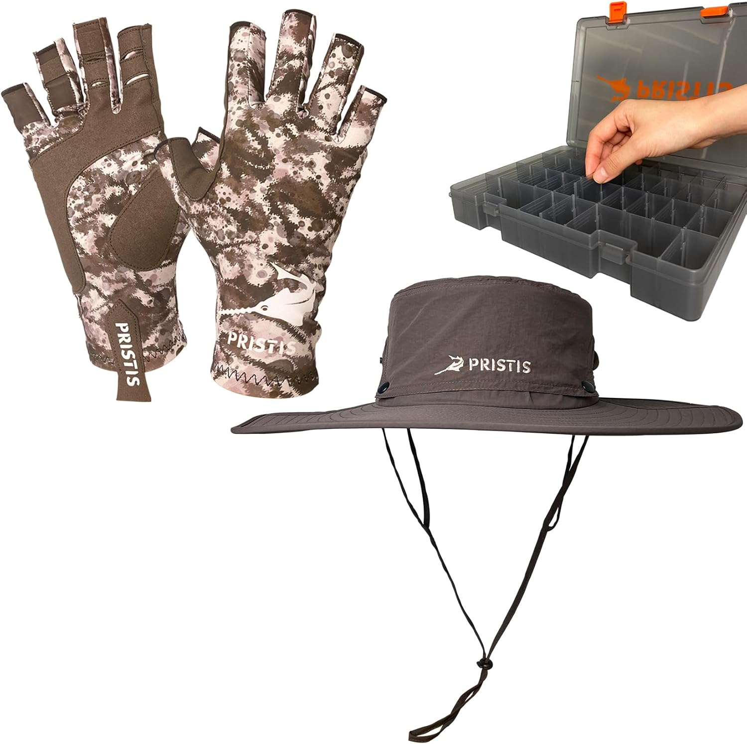 Pristis Outdoor fishing sunscreen practical fishing gear set, UPF 50+ Fishing Gloves(S-M) & Sun Hat (X-Large) & 4pcs 3600 Boxes, Nice Gift for Family