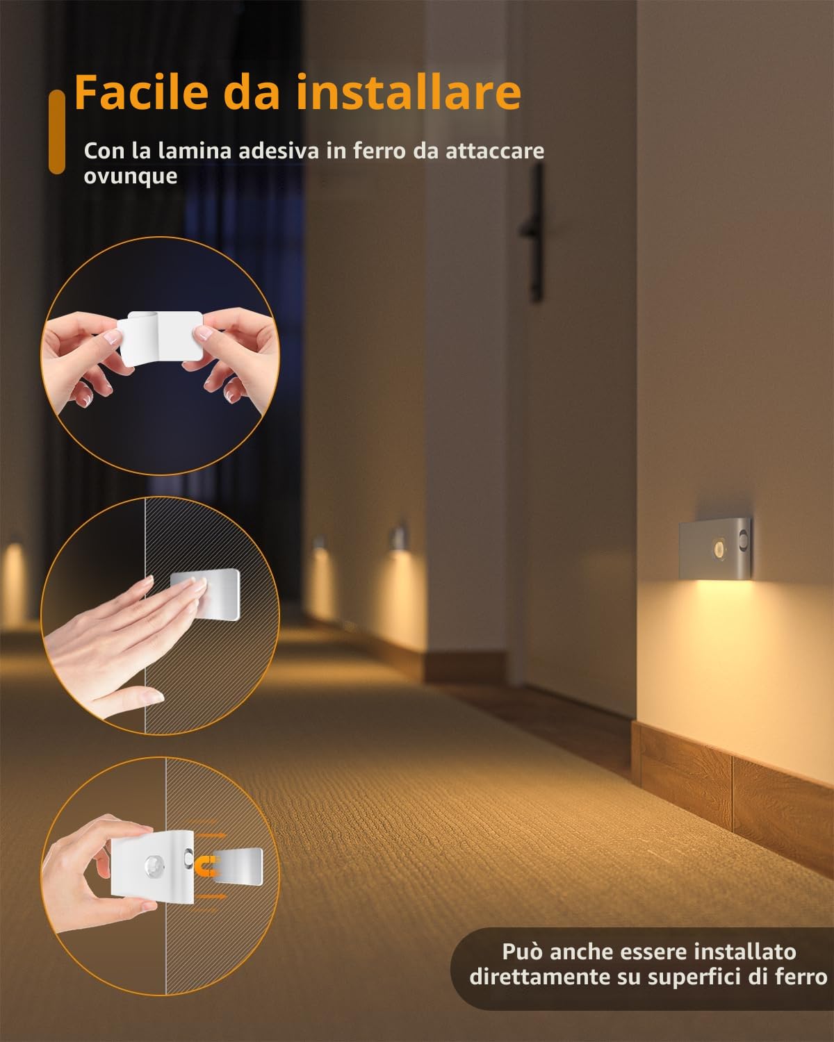 WILLED Luce con Sensore di Movimento da Interno, Caricabile USB Luce Notturna Bambini con 3 Modalità (Auto/ON/OFF), per Armadietto, Scale, Cucina, Corridoi, Camera e Bagno, 6 Pezzi