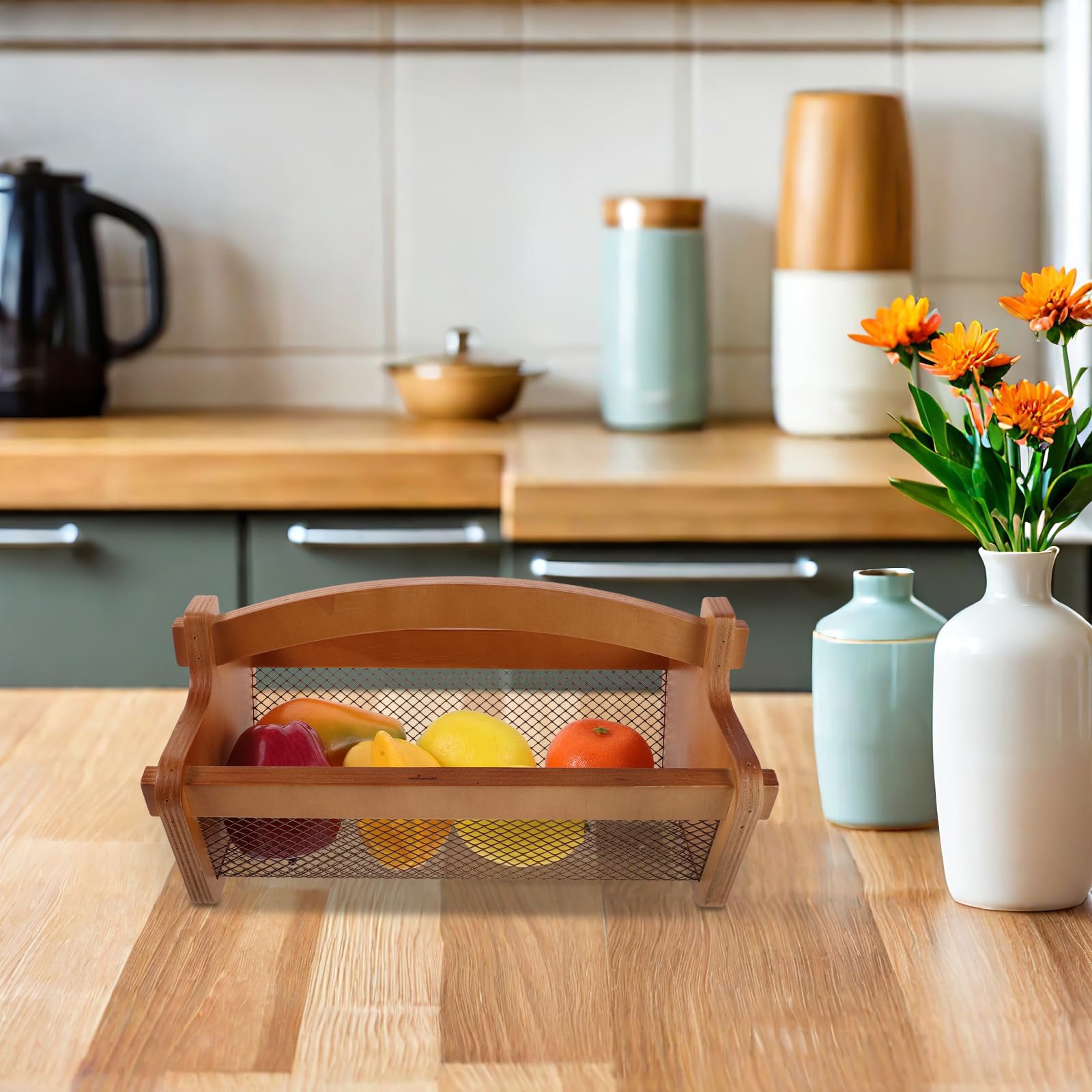 Cesto Frutta Cucina in Legno e Ferro, Cestino a Rete con Manico