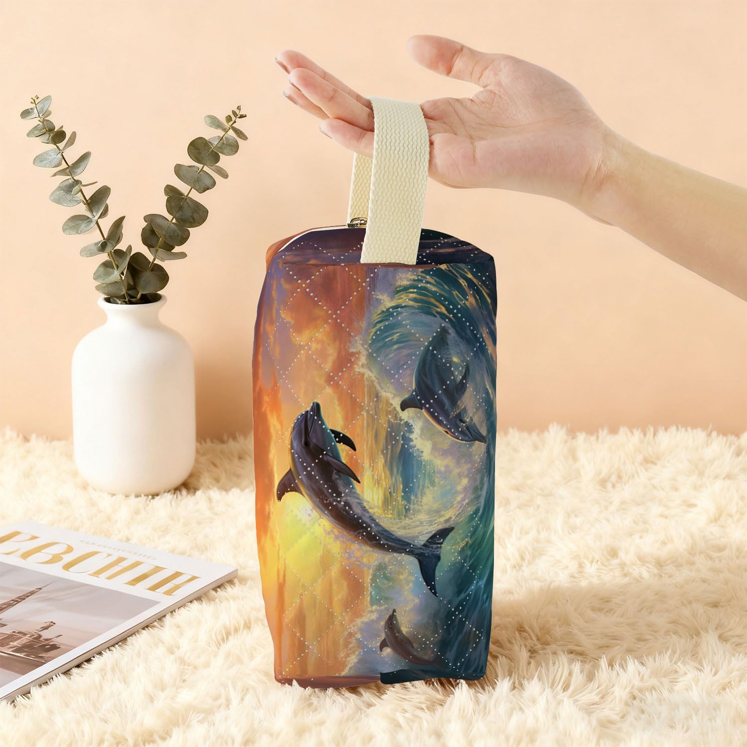 Sunset Dolphin Printed Quilted Makeup Pouch for Women - Velvety Polyester Cosmetic Organizer w/Triple Compartments, Travel & Makeup Brush Holder - Image 6