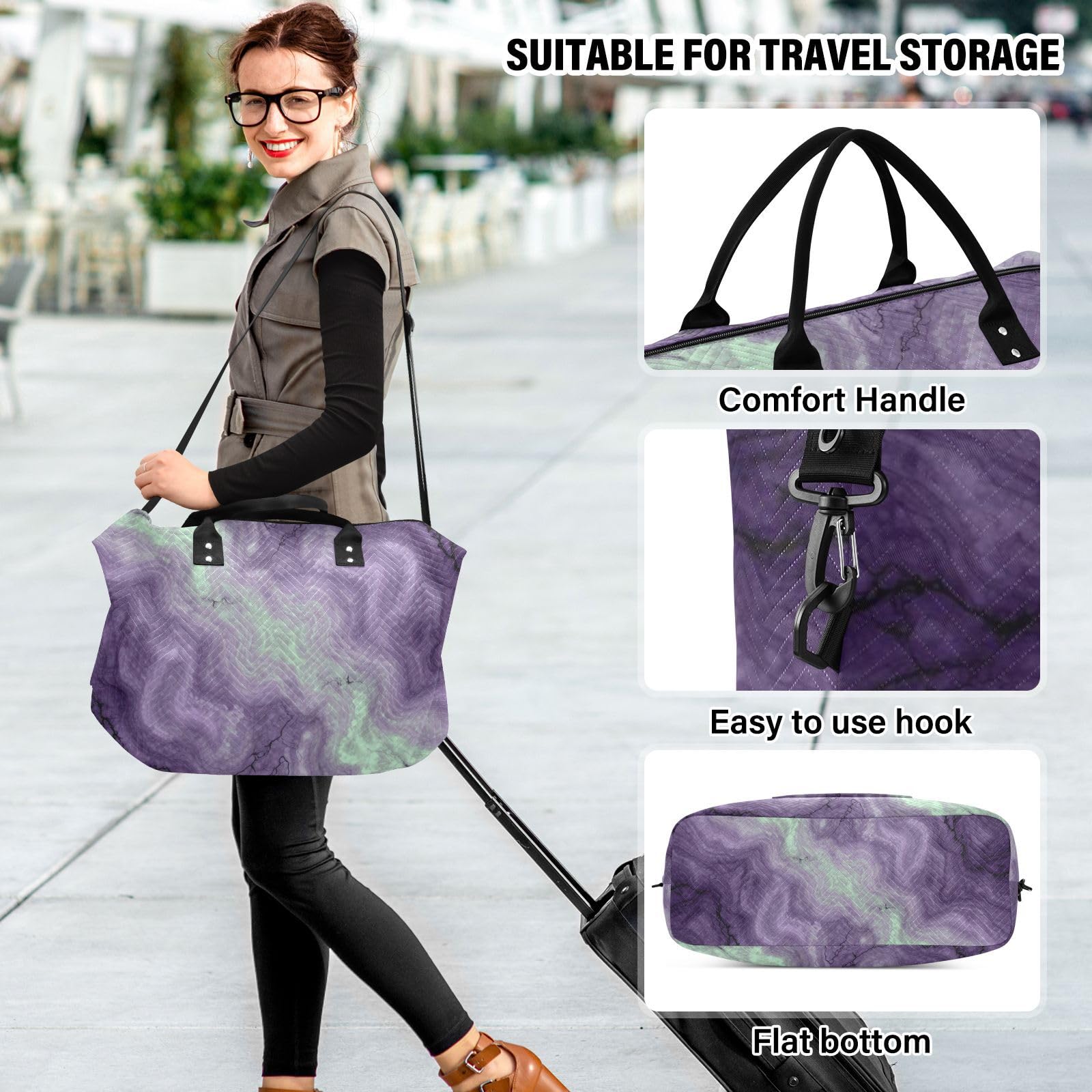 Reisetaschen-Set, 2-teilig, gewellt, gesteppt, Trolleyhülle, geräumig, Urlaub, Reisen, Pflaumenfarbener Marmor, One Size, Klassisch