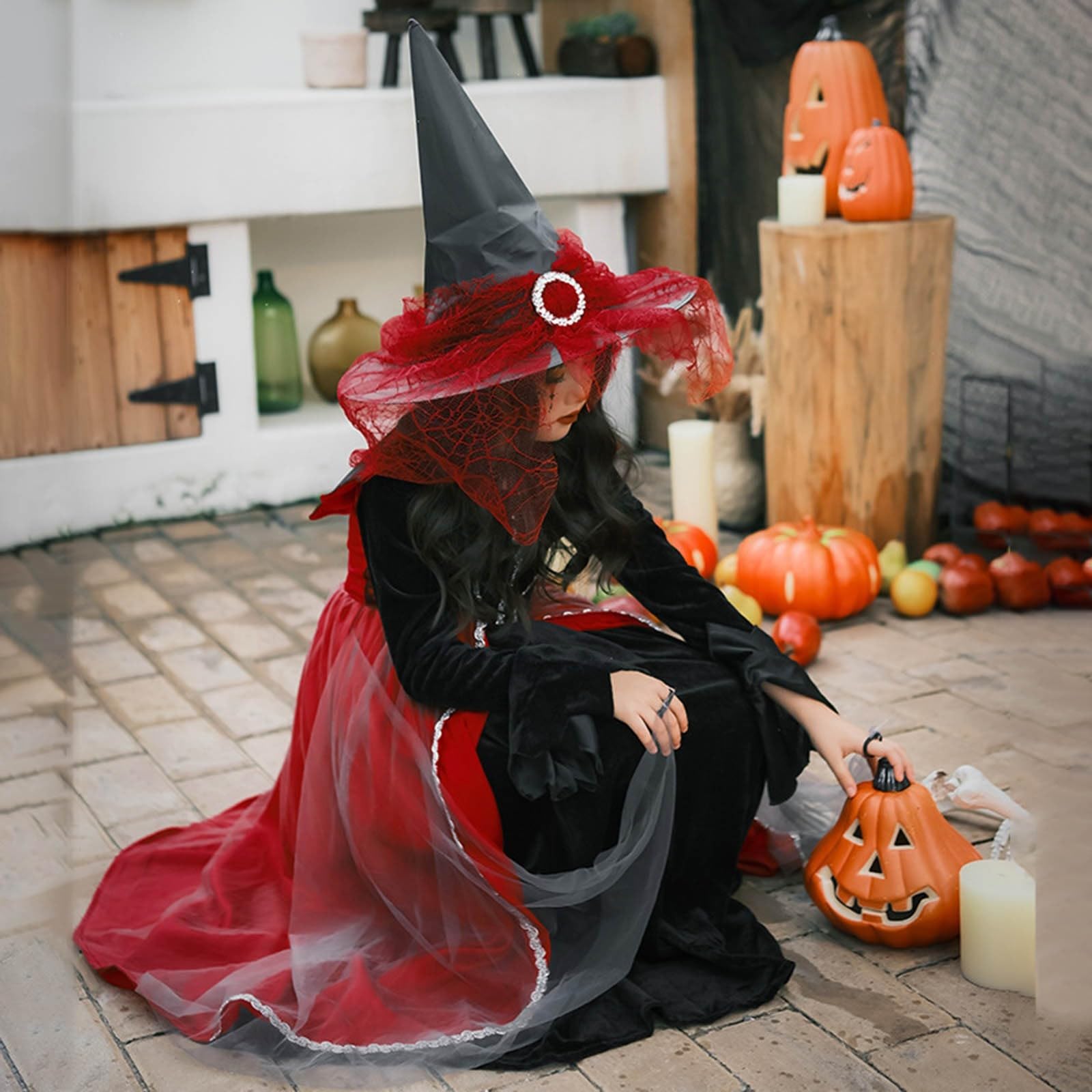 Generisch Disfraz de bruja para niña, disfraz de Halloween | Bata larga negra con capucha, cinturón, manga larga, para teatro y desfiles de Halloween