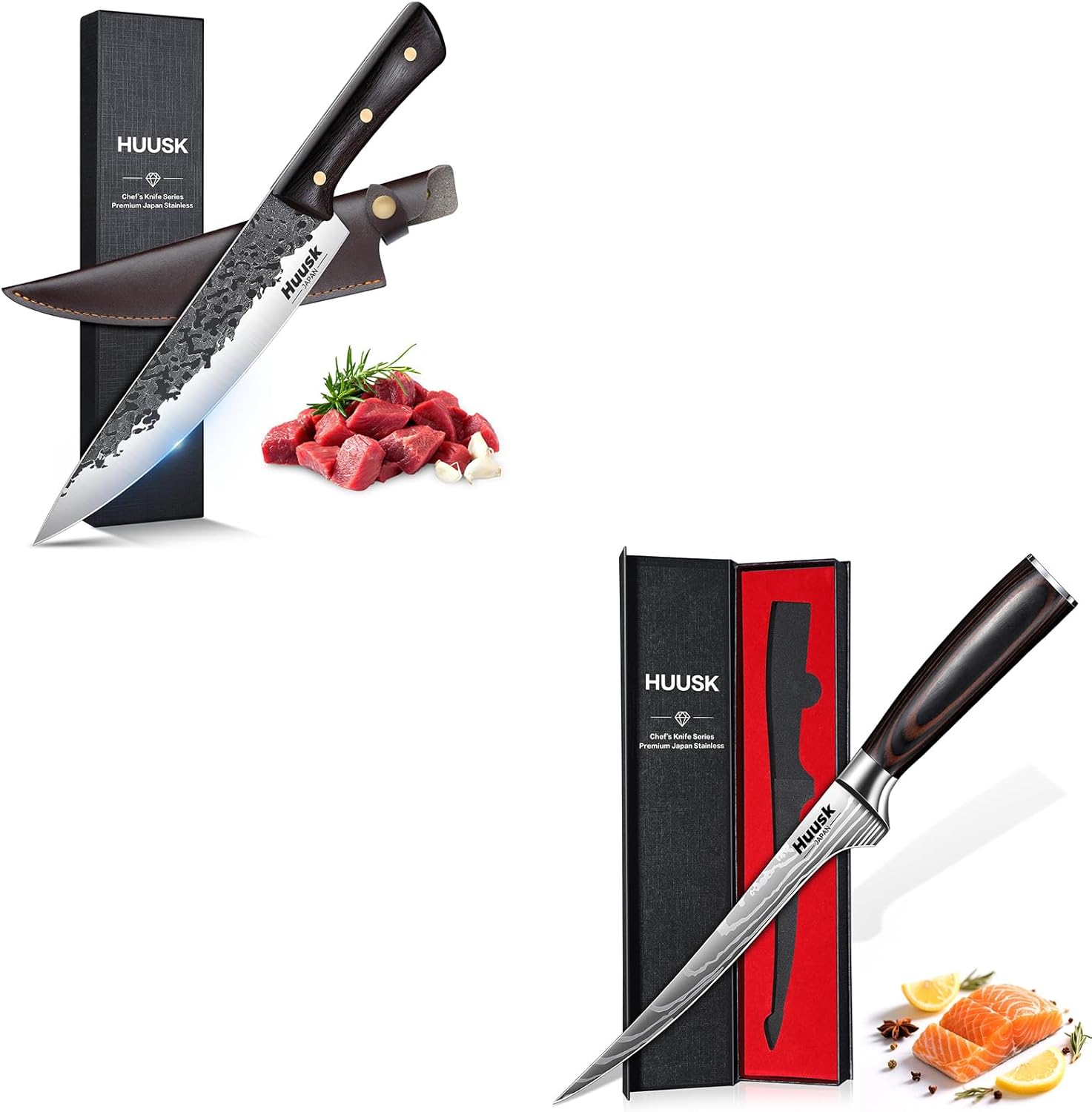 Huusk Filet Knife for Fish - 7 Inch Fish Fillet Knife Bundle with a 8-inch Chef Knife,Flexible Boning Knives for Meat Cutting, Professional Japanese Fishing Knives for Meat Poultry Cutting