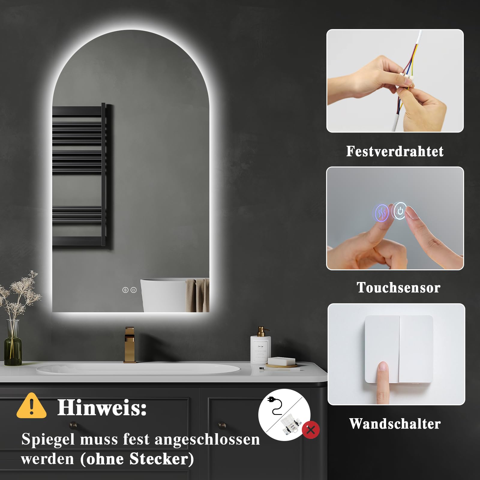 Specchio da bagno con illuminazione, 50 x 90 cm, specchio da bagno a LED curvo, con interruttore touch, dimmerabile, 3 colori di luce, per bagno